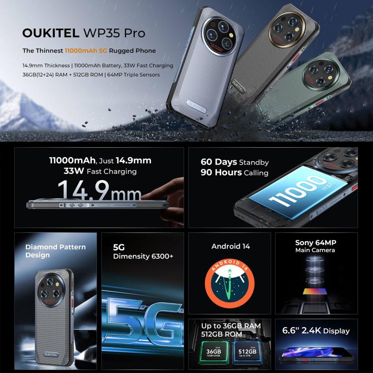 Oukitel WP35 Pro 5G Rugged Phone, 12GB+512GB, 6.6 inch MediaTek Dimensity 6300 Octa Core, NFC, OTG, Network: 5G Oukitel WP35 Pro 5G Rugged Phone, 12GB+512GB, 6.6 inch MediaTek Dimensity 6300 Octa Core, NFC, OTG, Network: 5G
